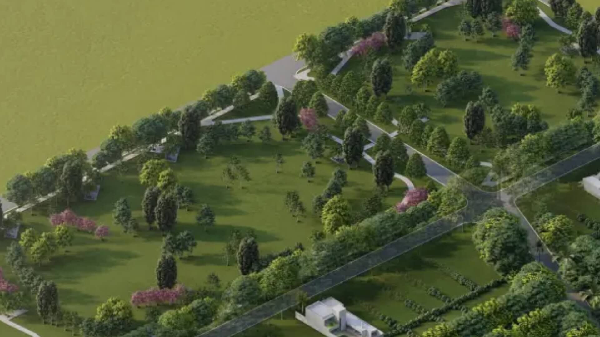 Render aéreo de un parque arbolado con senderos y áreas verdes